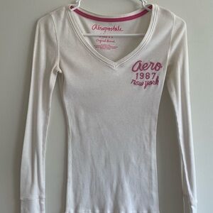 Aeropostale Cream V-Neck Long Sleeve with Pink Details